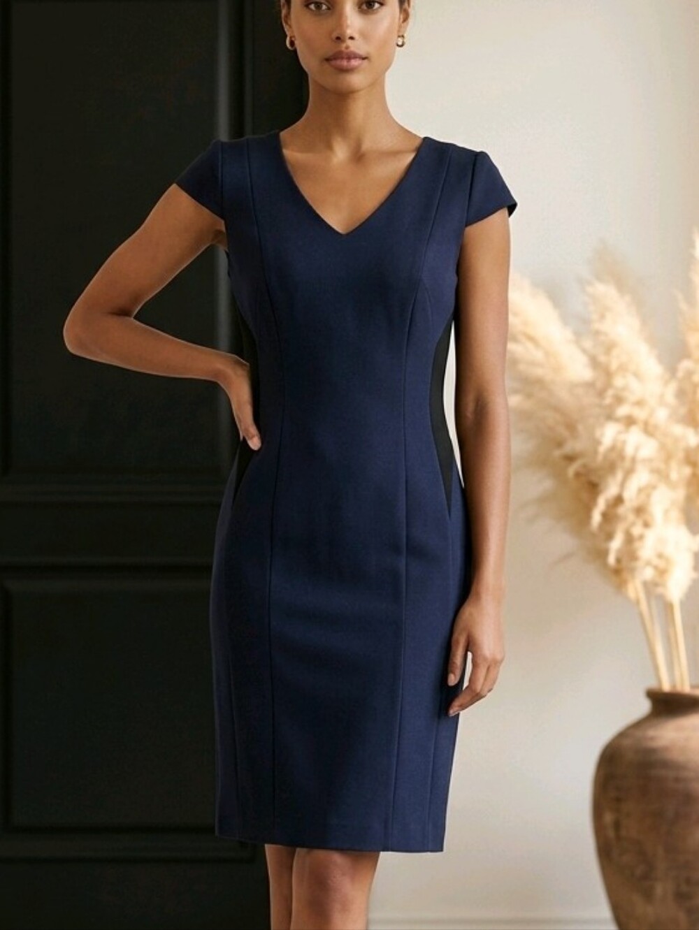 ANTONIO MELANI Navy V-Neck Cap Sleeve Sheath Dress Black Side And Back Detail